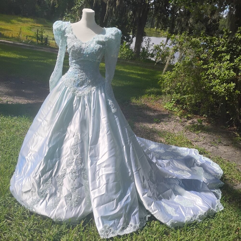 Decadent powder blue Alfred Angelo vintage wedding bridal gown dress